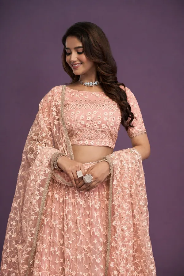Peach_Net_Short_Sleeve_Floral_Embroidered_Lehenga_Choli_Set_For_Women