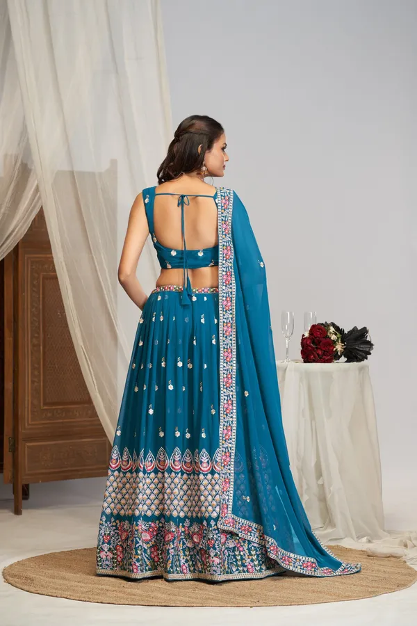 Teal_Georgette_Sleeveless_Embroidered_Lehenga_Choli_Set_For_Women