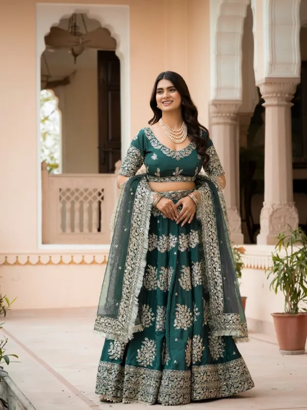 Green_French_Crepe_Short_Sleeve_Embroidered_Lehenga_Choli_For_Women