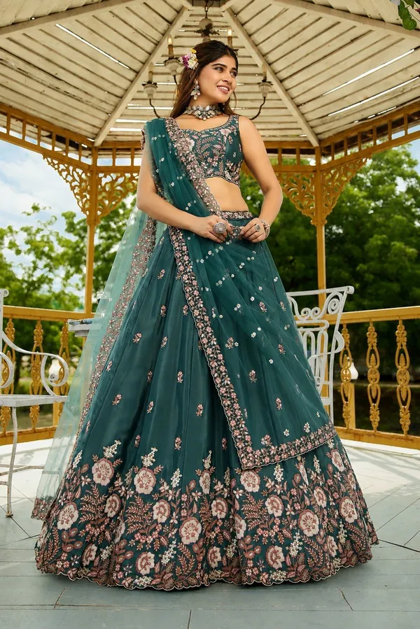 Teal_Crepe_Sleeveless_Floral_Embroidered_Lehenga_Choli_For_Women