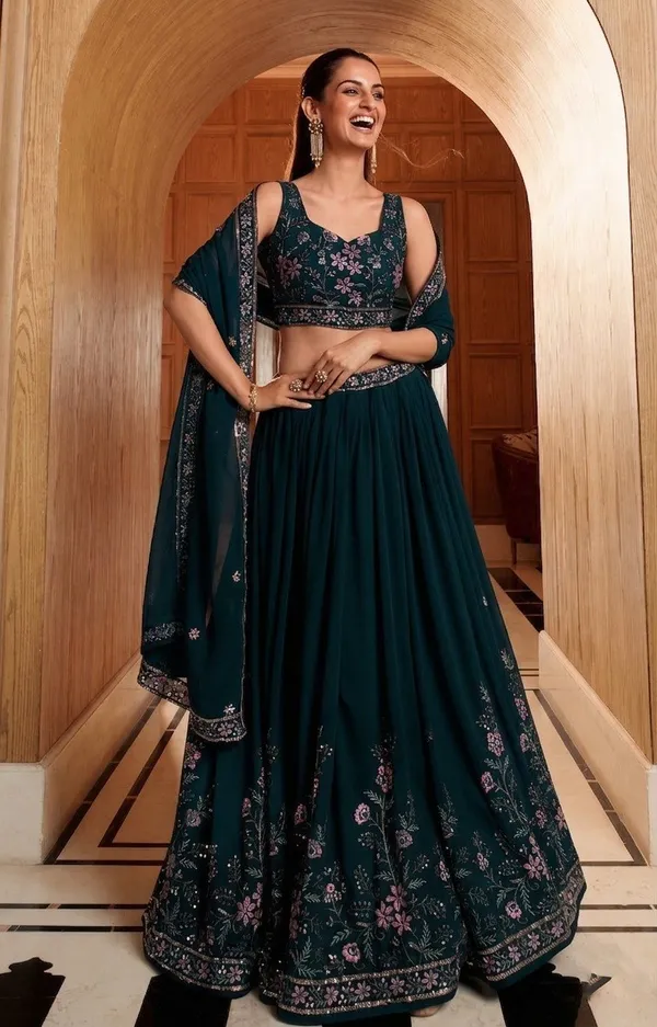 Teal_Georgette_Sleeveless_Floral_Embroidered_Lehenga_Choli_For_Women
