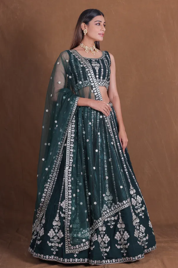 Dark_Green_Georgette_Sleeveless_Embroidered_Lehenga_Choli_For_Women