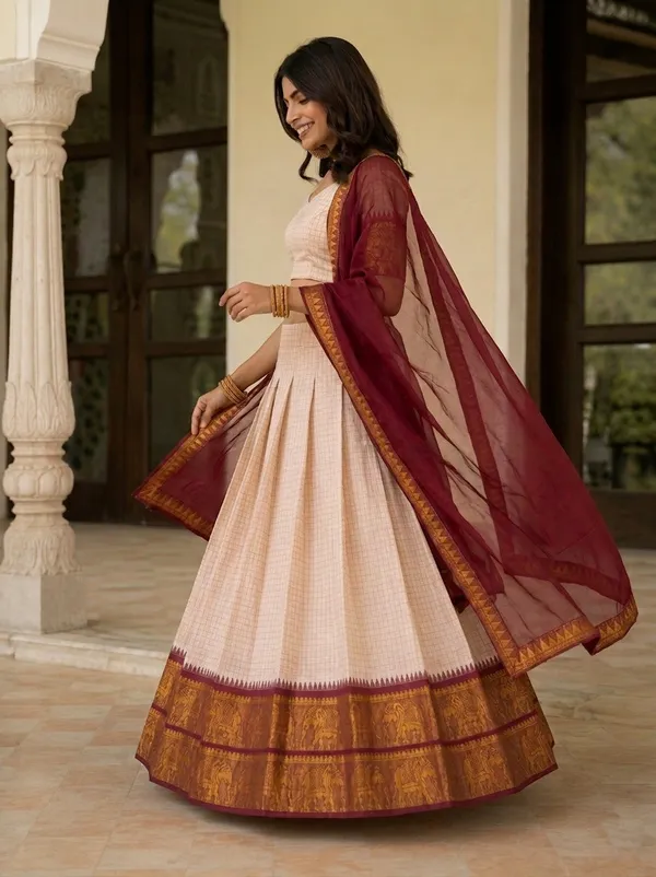 Beige_Cotton_Short_Sleeve_Checked_Lehenga_Choli_For_Women