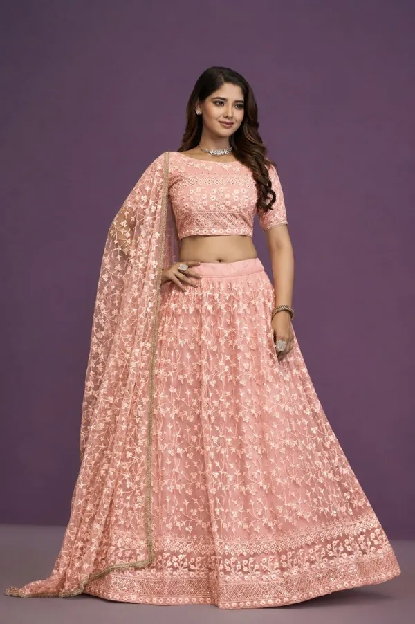 Peach_Net_Short_Sleeve_Floral_Embroidered_Lehenga_Choli_Set_For_Women