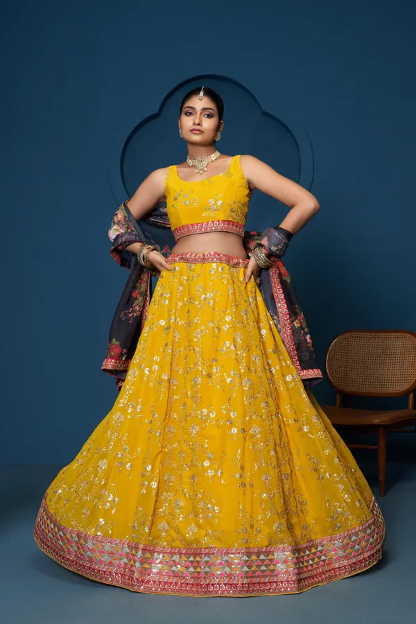 Yellow_Georgette_Sleeveless_Floral_Embroidered_Lehenga_Choli_For_Women