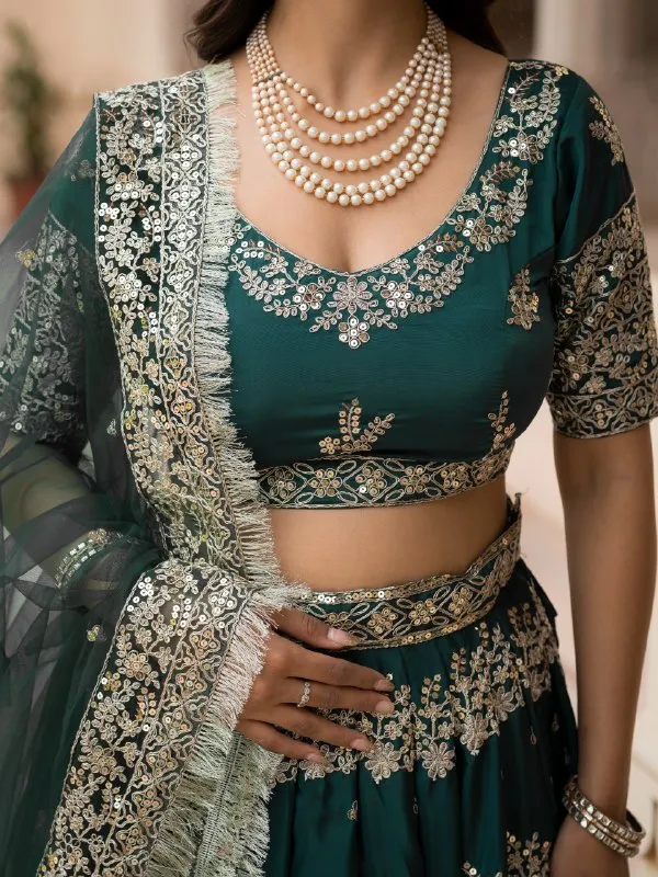Green_French_Crepe_Short_Sleeve_Embroidered_Lehenga_Choli_For_Women