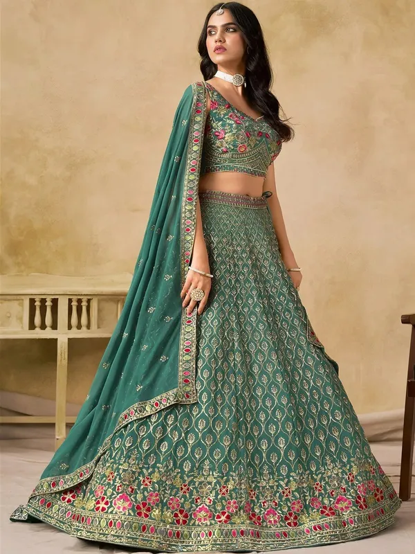 Green_Georgette_Sleeveless_Embroidered_Lehenga_Choli_For_Women