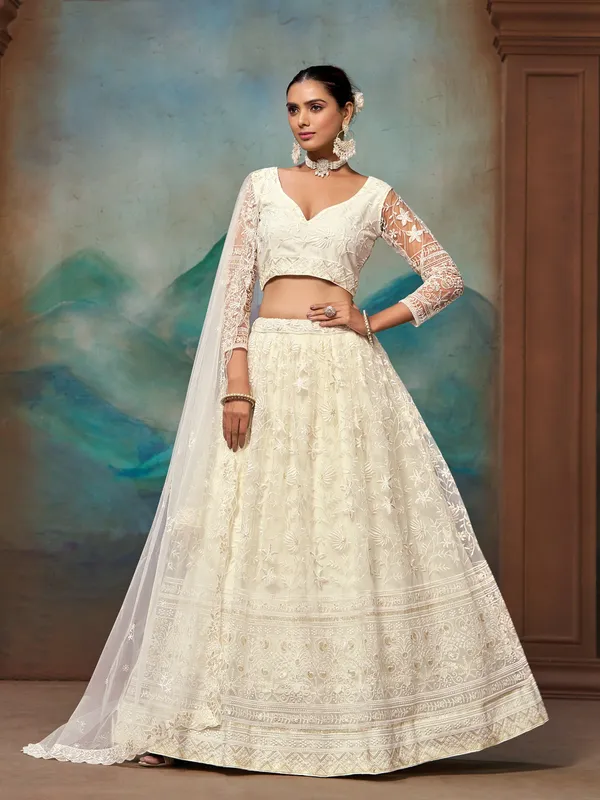 Ivory_Net_Full_Sleeve_Floral_Embroidered_Lehenga_Choli_Set_For_Women