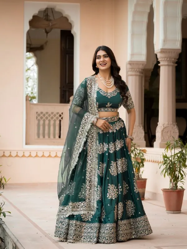 Green_French_Crepe_Short_Sleeve_Embroidered_Lehenga_Choli_For_Women