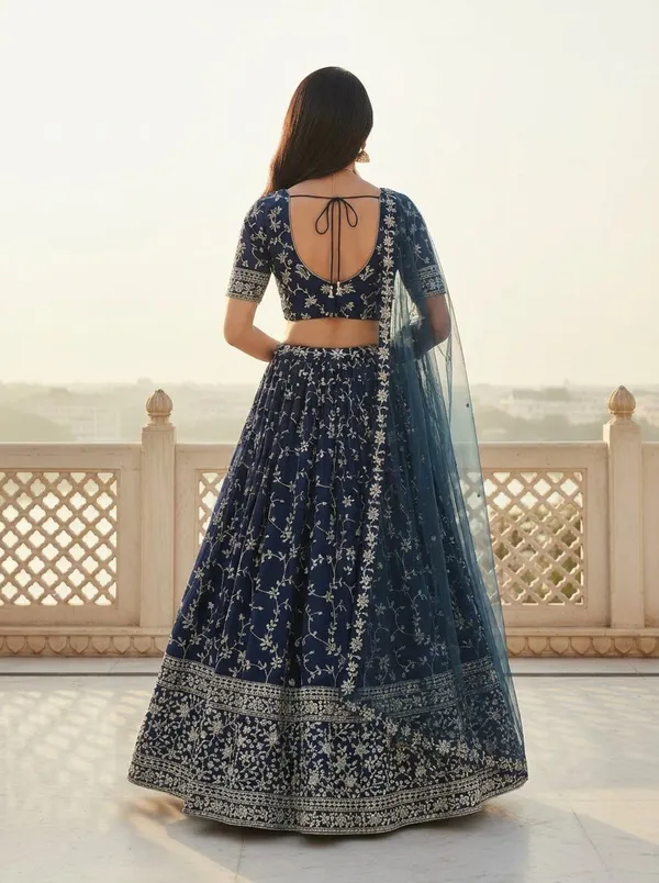 Navy_Georgette_Short_Sleeve_Floral_Print_Lehenga_Choli_For_Women