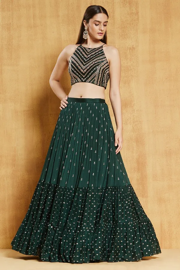 Dark_Green_Georgette_Sleeveless_Embellished_Lehenga_Set_For_Women