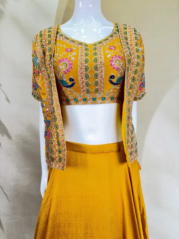 Mustard_Vichitra_Short_Sleeve_Embroidered_Fit_And_Flare_Lehenga_Set_For_Women