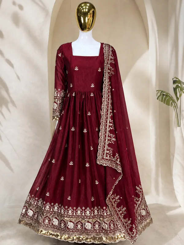 Maroon_Satin_Flared_Embroidered_Anarkali_Dress_Set_For_Women