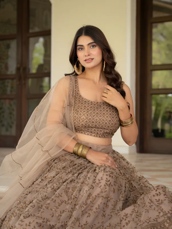 Taupe_Net_Sleeveless_Embroidered_Lehenga_Choli_For_Women