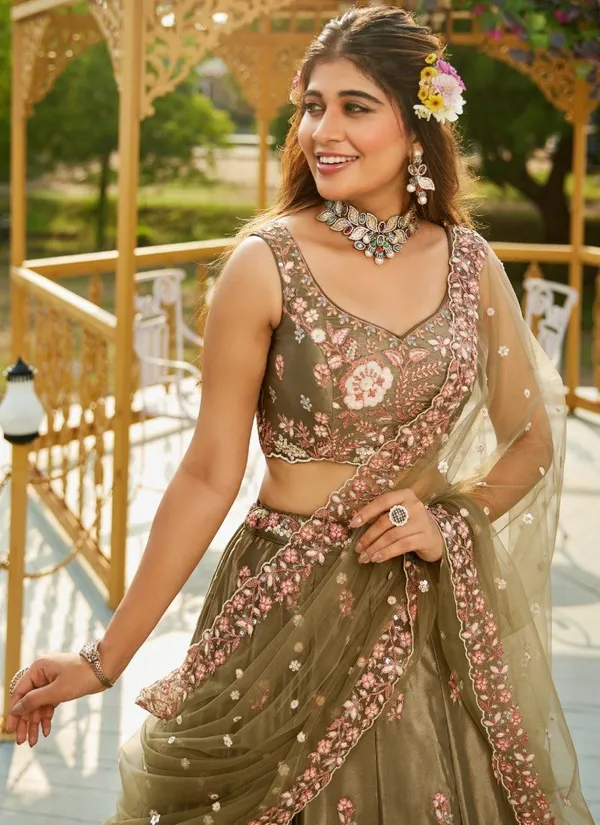 Olive_Green_Crepe_Sleeveless_Embroidered_Lehenga_Set_For_Women