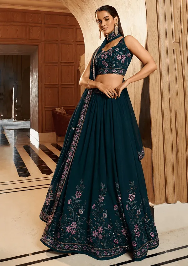 Teal_Georgette_Sleeveless_Floral_Embroidered_Lehenga_Choli_For_Women