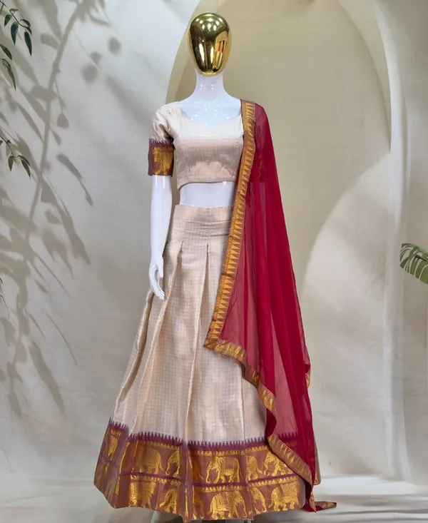 Beige_Cotton_Short_Sleeve_Checked_Lehenga_Choli_For_Women