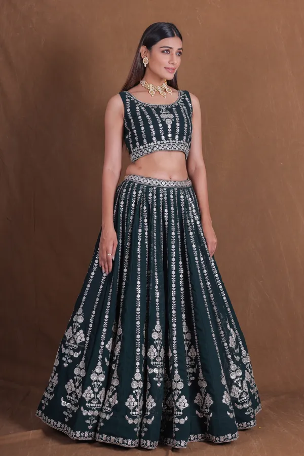 Dark_Green_Georgette_Sleeveless_Embroidered_Lehenga_Choli_For_Women