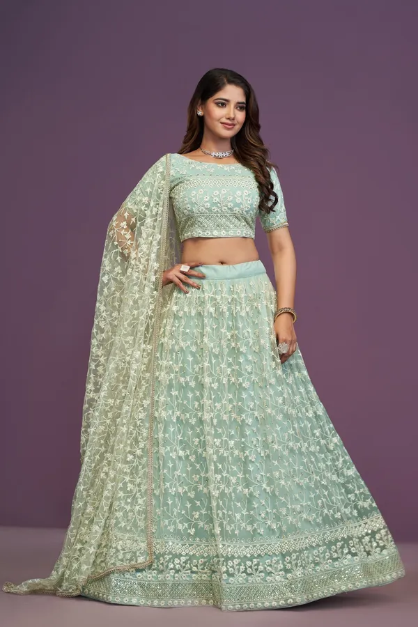 Mint_Green_Net_Short_Sleeve_Embroidered_Lehenga_Choli_For_Women