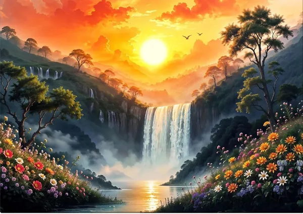 Canvas_Nature_Rising_Sun_Waterfall_Scenery_Wall_Art