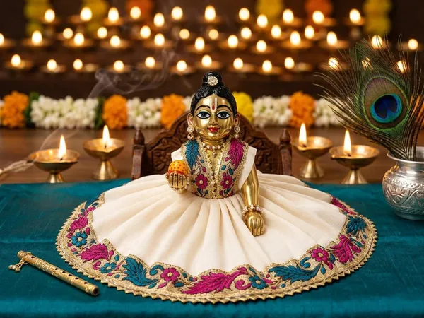 Cream_Zari_Embroidered_Laddu_Gopal_Ghagra_Poshak_Pink_Teal_Floral_Border