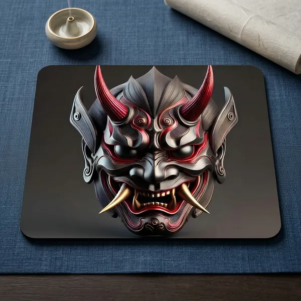 Dark_Samurai_Oni_Mask_Printed_Mouse_Pad_Anti-Skid_Rubber_Base