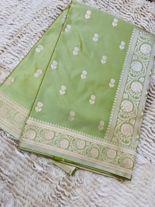 Lime_Green_Mashru_Katan_Silk_Silver_Zari_Banarasi_Saree_For_Women