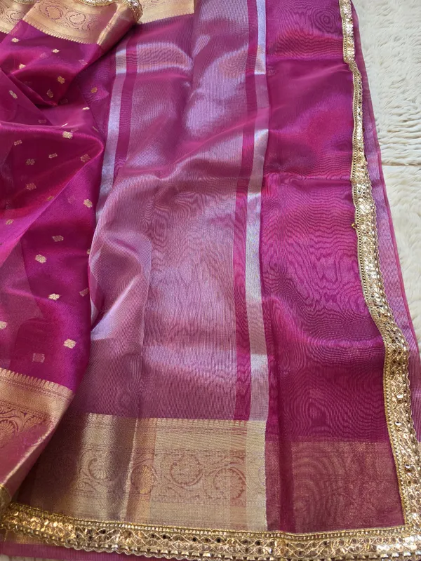 Pink_Tissue_Silk_Zari_Buti_Lace_Border_Banarasi_Saree_For_Women