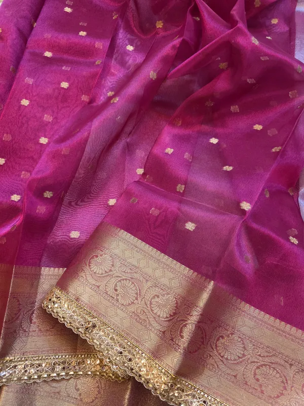 Pink_Tissue_Silk_Zari_Buti_Lace_Border_Banarasi_Saree_For_Women