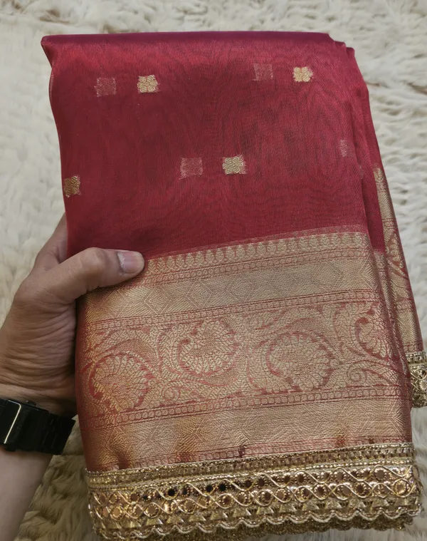 Red_Tissue_Silk_Zari_Buti_Lace_Border_Banarasi_Saree_For_Women