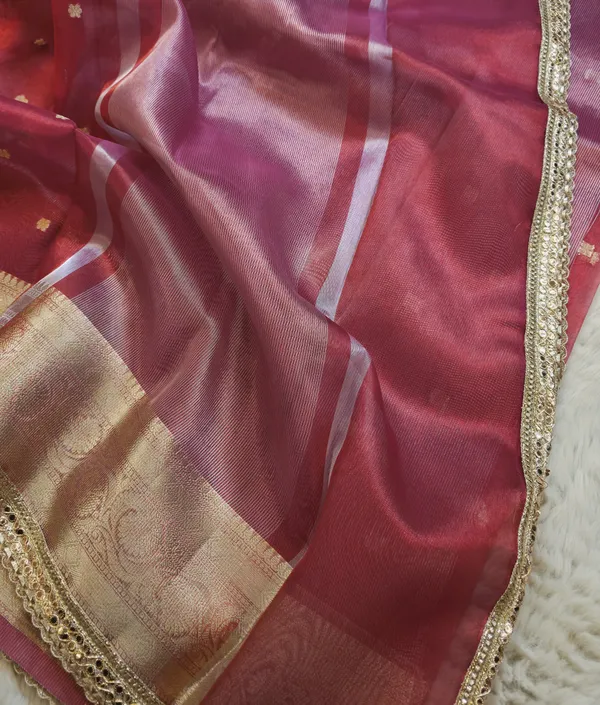 Red_Tissue_Silk_Zari_Buti_Lace_Border_Banarasi_Saree_For_Women