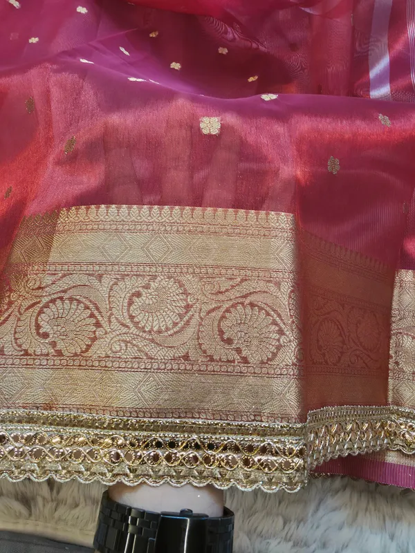 Red_Tissue_Silk_Zari_Buti_Lace_Border_Banarasi_Saree_For_Women