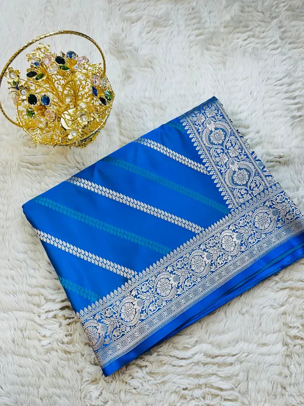 Sky_Blue_Mashru_Katan_Silk_Diagonal_Zari_Stripes_Floral_Border_Saree_For_Women