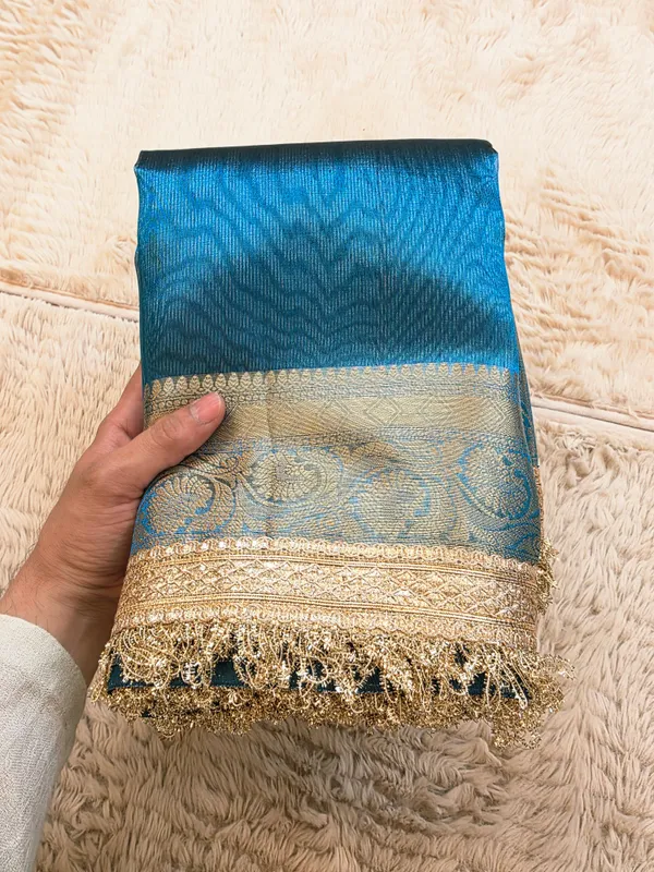 Peacock_Blue_Tissue_Silk_Plain_Body_Lace_Border_Banarasi_Saree_For_Women