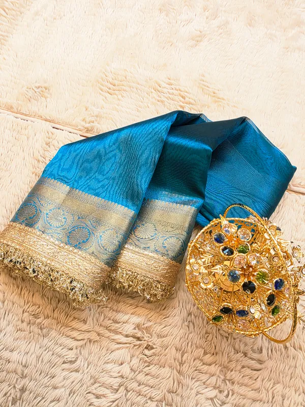 Peacock_Blue_Tissue_Silk_Plain_Body_Lace_Border_Banarasi_Saree_For_Women