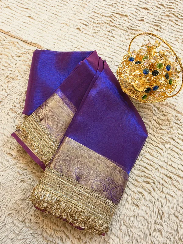 Violet_Tissue_Silk_Plain_Body_Lace_Border_Banarasi_Saree_For_Women