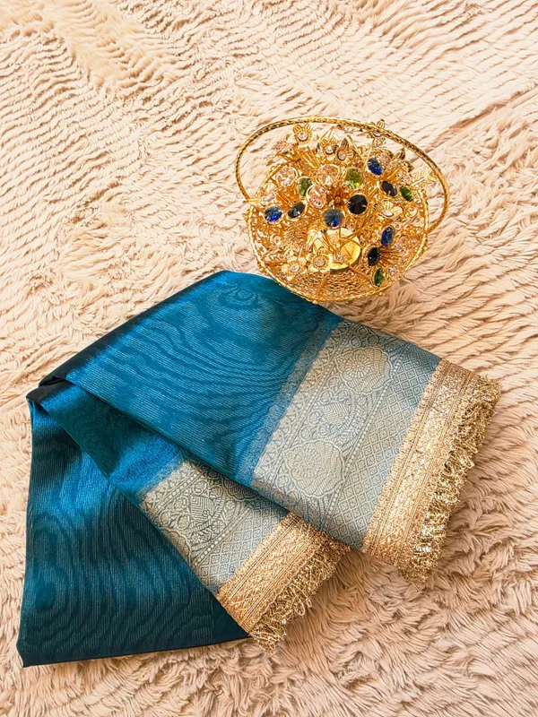 Peacock_Blue_Tissue_Silk_Plain_Body_Lace_Border_Banarasi_Saree_For_Women