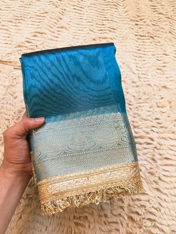 Peacock_Blue_Tissue_Silk_Plain_Body_Lace_Border_Banarasi_Saree_For_Women