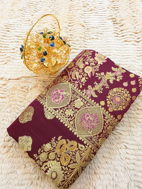 Garnet_Mashru_Katan_Silk_Bridal_Floral_Jaal_Zari_Saree_For_Women