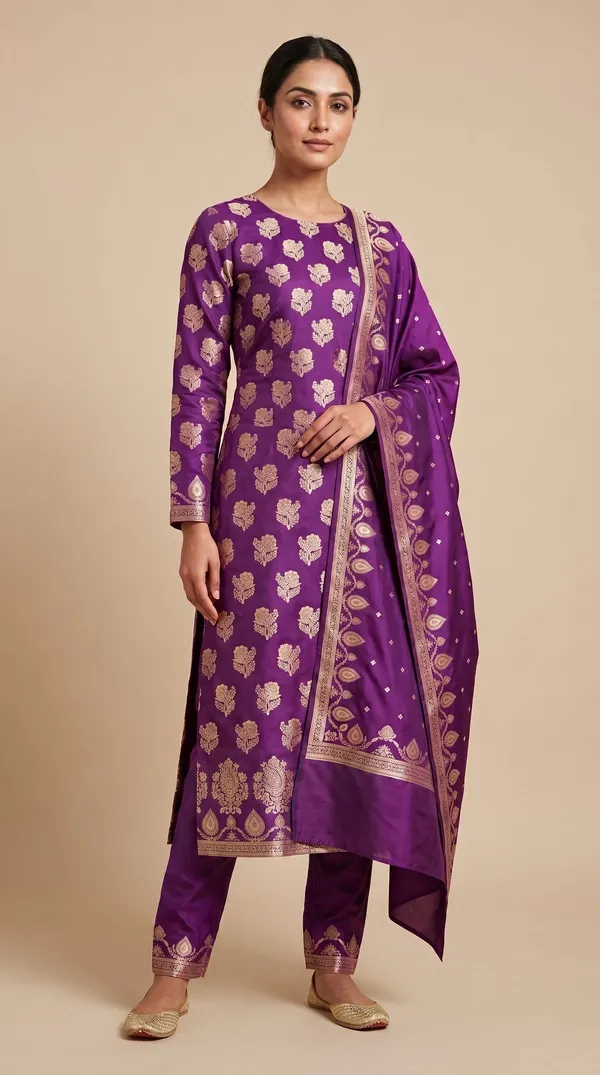 Purple_Mashru_Katan_Silk_Gold_Paisley_Booti_Unstitched_Suit_Set_For_Women