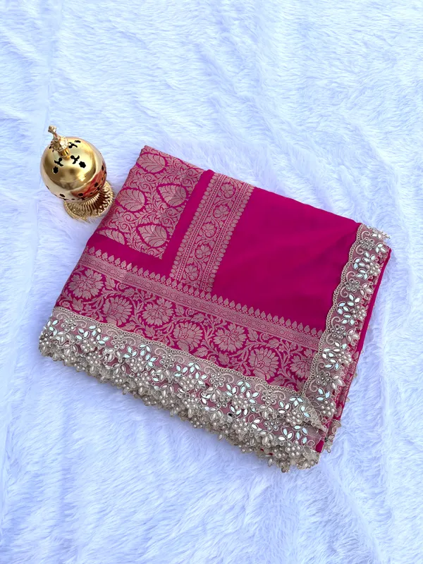 Rani_Pink_Banarasi_Silk_Saree_with_Handcrafted_Mirror_&_Pearl_Lace_Border_|_Traditional_Festive_Saree