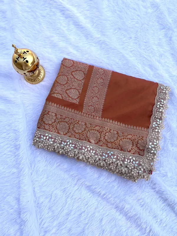 Mustard_Banarasi_Silk_Saree_with_Handcrafted_Mirror_&_Pearl_Lace_Border_|_Traditional_Festive_Saree