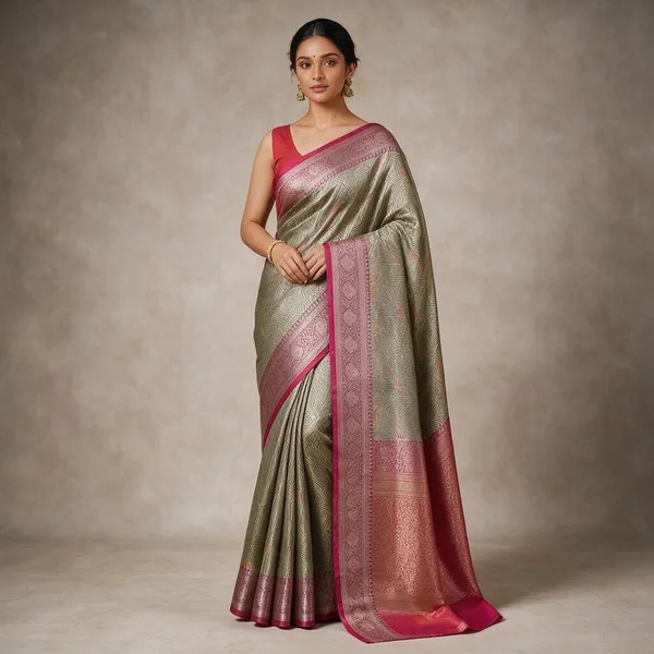 Banarasi_Light_Smoke_Semi_Mashru_Silk_Geometric_Design_Saree_With_Contrast_Border_&_Pallu