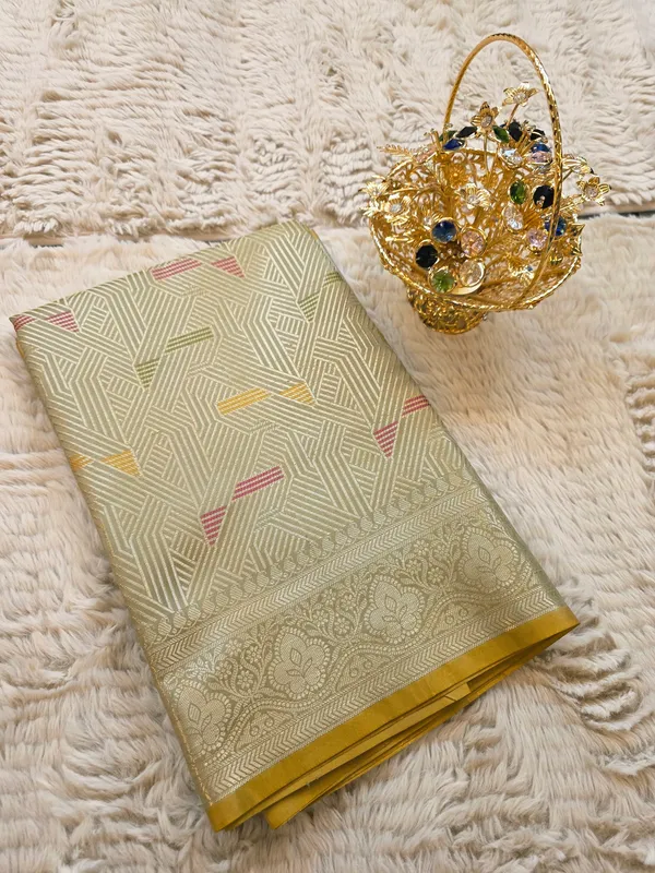 Banarasi_Light_Smoke_Semi_Mashru_Silk_Saree_With_Geometric_Design_&_Antique_Gold_Zari_Border