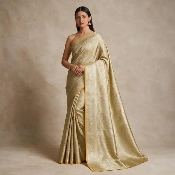 Banarasi_Light_Smoke_Semi_Mashru_Silk_Saree_With_Geometric_Design_&_Antique_Gold_Zari_Border