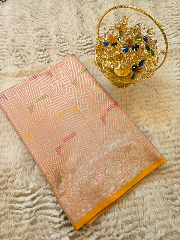 Banarasi_Peach_Semi_Mashru_Silk_Saree_With_Geometric_Design_&_Antique_Gold_Zari_Border