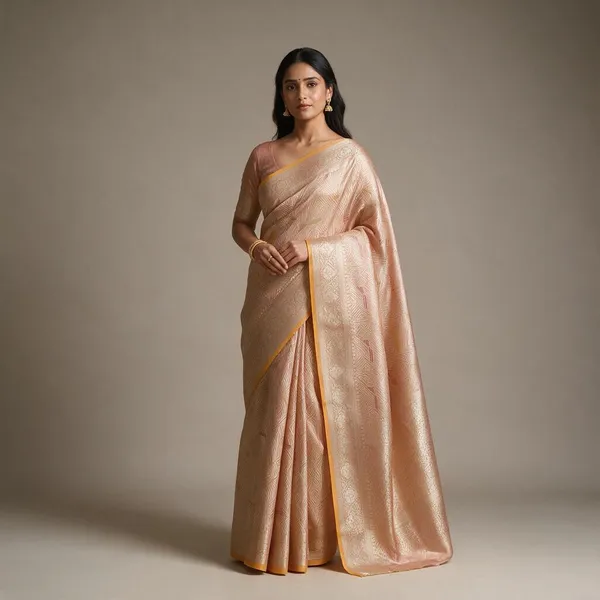 Banarasi_Peach_Semi_Mashru_Silk_Saree_With_Geometric_Design_&_Antique_Gold_Zari_Border