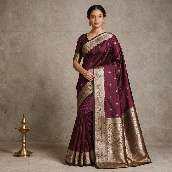 Garnet_Banarasi_Semi_Mashru_Silk_Saree_with_Traditional_Antique_Gold_Zari_Border