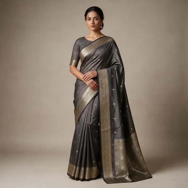 Light_Smoke_Banarasi_Semi_Mashru_Silk_Saree_with_Traditional_Antique_Gold_Zari_Border