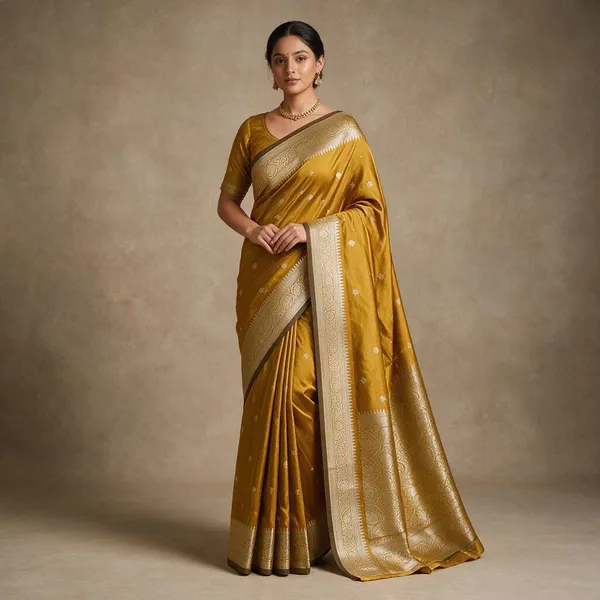 Mustard_Banarasi_Semi_Mashru_Silk_Saree_with_Traditional_Antique_Gold_Zari_Border
